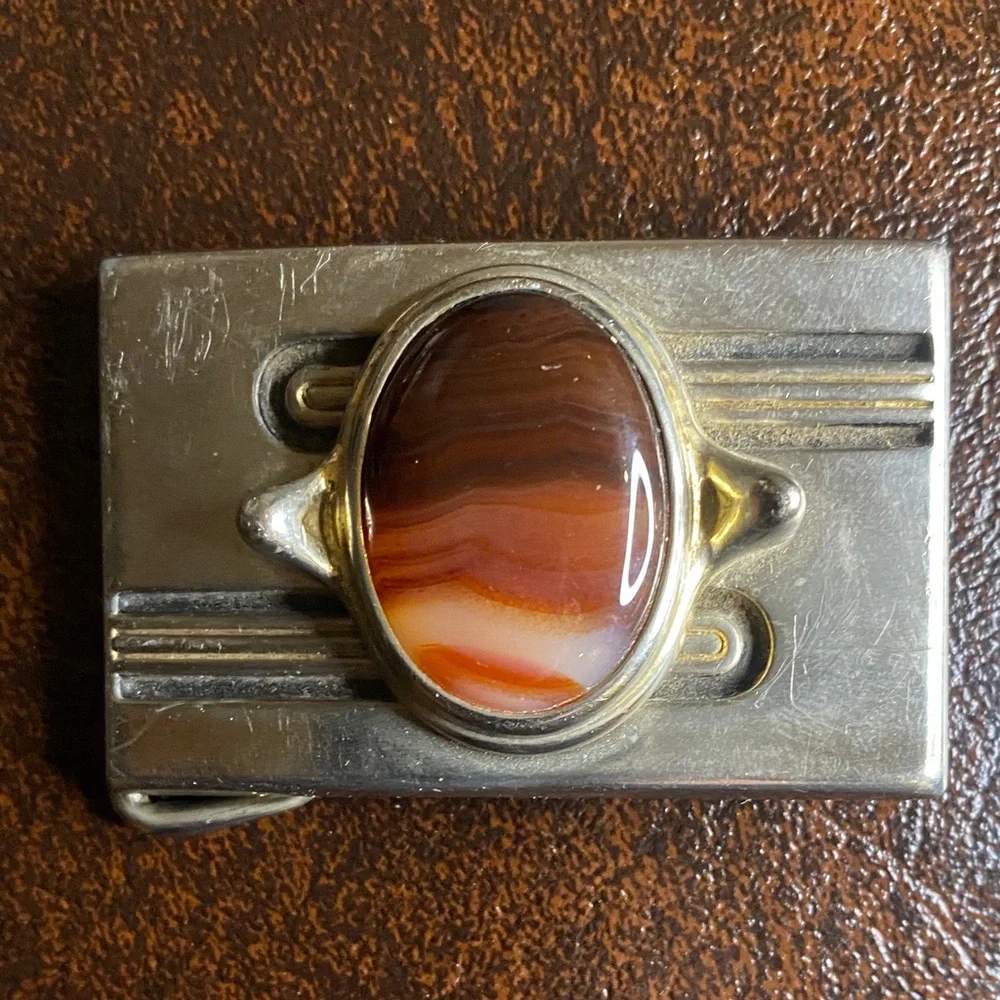 Vintage Silver tone Belt Buckle with Banded Agate Stone cabochon 2.5”x1.5”